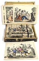 Rare Antique Wood Block Hand-Coloured Lithograph Puzzle Blocks in Original Wood Case w 5 Lithograph Puzzle Picture Solutions (6th Picture on Top of Box) - Complete!
