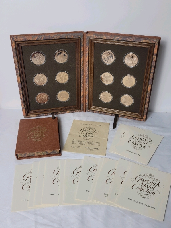 1977 Franklin Mint Solid Bronze Good Luck Medal Collection w/Coin Certificates & COA . 12 Medals in Display Frames and Box