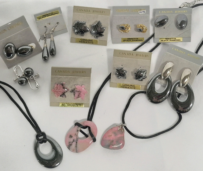 12 Hematite & Rhodonite Jewelry Pieces - Earrings & Necklaces