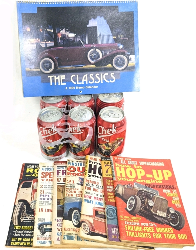 6 Vintage Unopened CHEK Cola Collectable Mark Martin Cans, 1990 "The Classics" Memo Calendar & 7 (Seven) 1960s Car Magazines