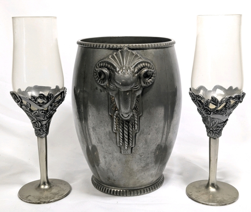 Signed Art Deco Ram's Head Ice Bucket & 2 Pewter Stem Champagne Glasses | Bucket 7.5" Tall