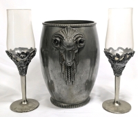 Signed Art Deco Ram's Head Ice Bucket & 2 Pewter Stem Champagne Glasses | Bucket 7.5" Tall