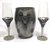 Signed Art Deco Ram's Head Ice Bucket & 2 Pewter Stem Champagne Glasses | Bucket 7.5" Tall