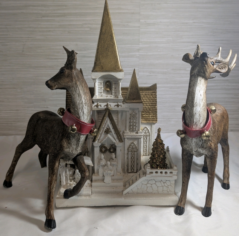 Christmas Ornament Lot Contains Two Deer *1 Damaged Please See Pictures* & Christmas Church Animated Scene With LED Lights