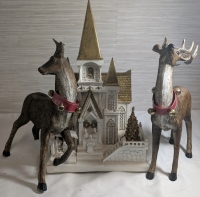 Christmas Ornament Lot Contains Two Deer *1 Damaged Please See Pictures* & Christmas Church Animated Scene With LED Lights