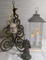 New Cracker Barrel Tree Candle Holder With 3 Candles, 3 LED Candle Lantern & Vintage Brass HMS Victory Hand Bell