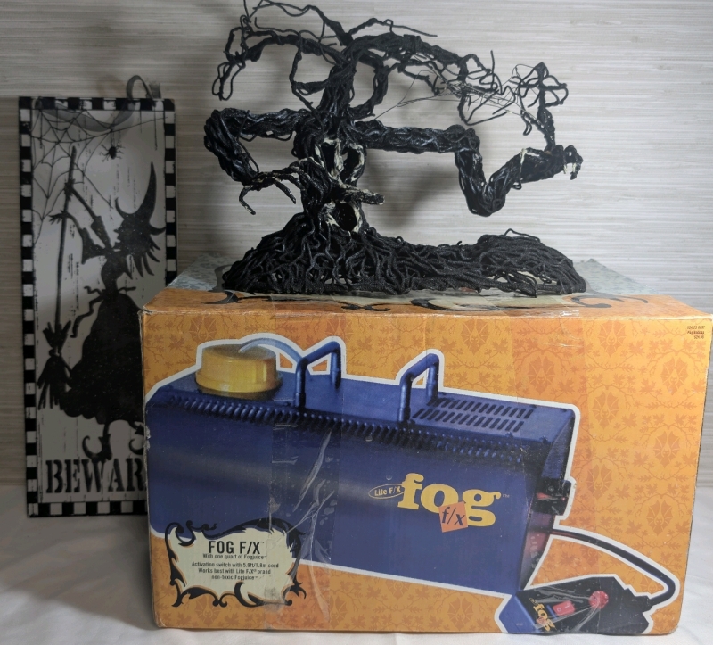 Halloween Lot Of Lite Fx Fog Machine *No Fog Juice* Powers On, Witches Beware Sign & Sinister Tree Decor
