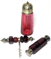 Vintage Ruby Red Glass Double-Ended Monogrammed Perfume Bottle & Corkscrew + Cranberry Glass Sugar Shaker | Up to 5.75" Tall