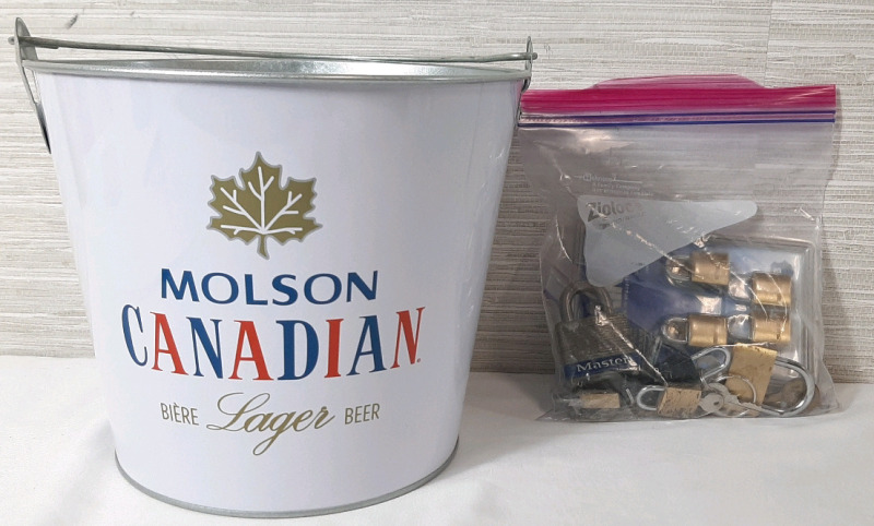 Molson Canadian Themed Bucket & A Bag of Various Locks