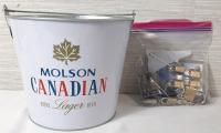 Molson Canadian Themed Bucket & A Bag of Various Locks