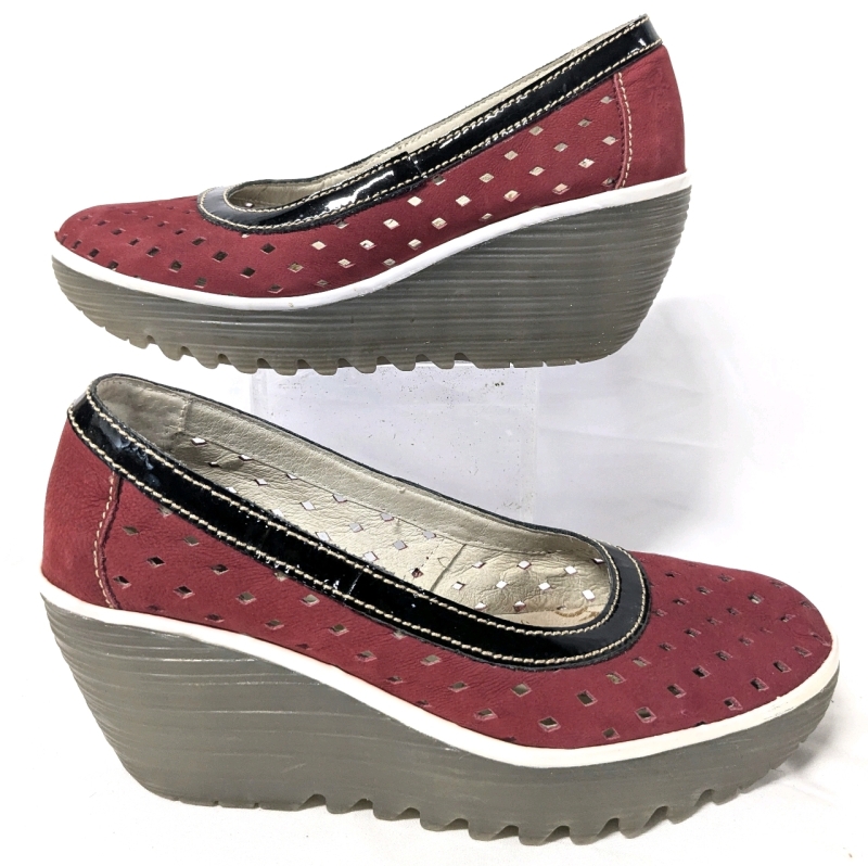 Ladies Size 38 | FLY LONDON Perforated Suede Leather Red Rockabilly Wedge Heels
