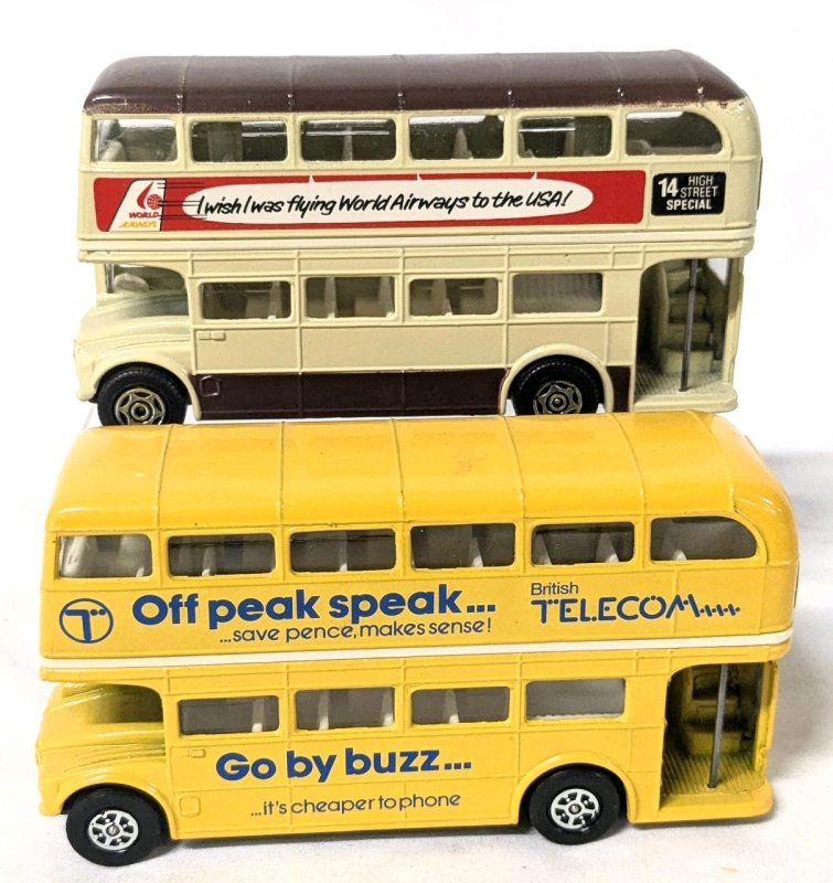 2 CORGI 1:50 Scale Diecast Double Decker #14 Routemaster Buses | 482 AEC Off Peak Speak, Brtitsh Telecom & High Street Special World Airways | 2.5" Tall