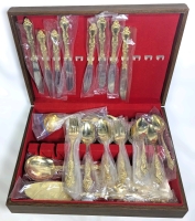 46-Piece Royal Sealy Gold Plated Cutlery in Wood Case Made in Japan + 2 Souvenir Spoons | Case 10.5" x 14.75" x 3" Tall
