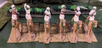 3 Pairs (6 Total) Hand Painted Lead Miniature Camelry. Labelled Kaitna SL Camels. 2" Tall. On Flocked Bases.