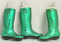 3 Vintage Wellies Green Garden Boots Christmas Ornaments - 4.5" Tall
