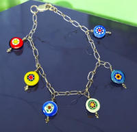Sterling Silver Millefiori 6 Charm Bracelet Cable Link Chain Stamped Lobster Clasp