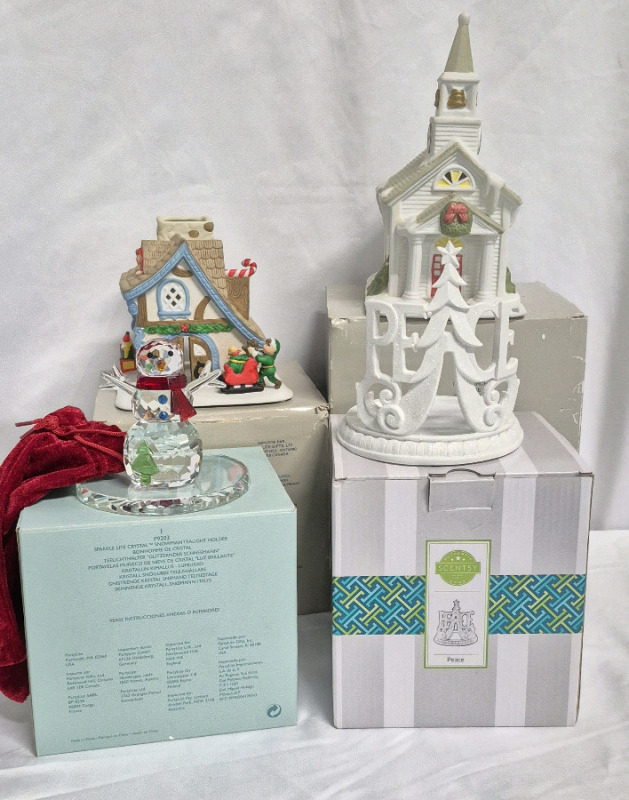 Great Party Lite & Scentsy Christmas Decor Lot - Snowman Candle Holder, Church, Santa's Workshop +