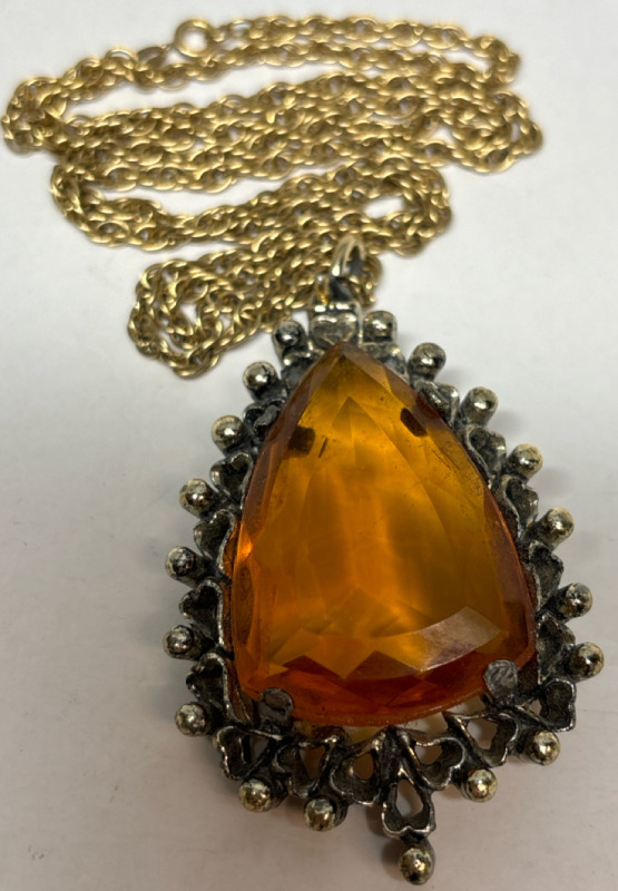 Vintage Czeck Amber Glass Teardrop Pendant Gold Filled Chain