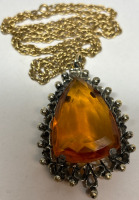 Vintage Czeck Amber Glass Teardrop Pendant Gold Filled Chain