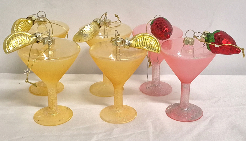6 Vintage Martini Glasses Christmas ornaments - Lemon & Strawberry 3.75" Tall