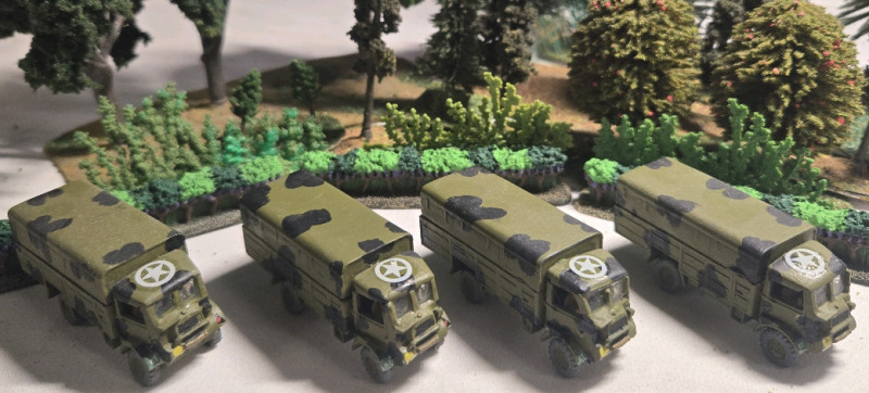 ( 4 ) Metal British Military Trucks | 1&frac14;" x 2&frac34;" * Shrubbery Not Included *
