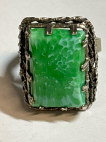 Vintage Art Deco Neiger Czech Peking Green Mottled Glass Statement Ring Size Adjustable