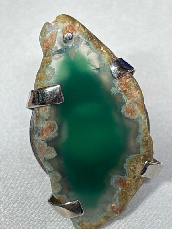 Green Agate Large Slice Ring Size 7 Adjustable 1.5 Inch Slice
