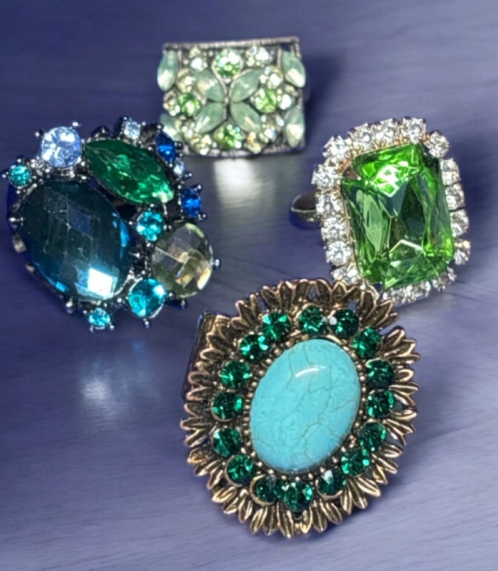 4 Rhinestone Rings Navettes Chatons Molded Glass Statement Rings