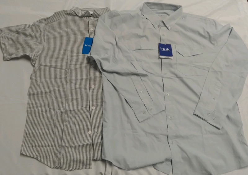 2 New Shirts Columbia Medium Button Up Short Sleeve & Huk XL Button up Long Sleeve