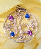 Lovely Signed 10K Gold Sweet 16 Charm with Claw Set Pink + Blue Sapphires | 0.65" Diameter