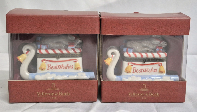 2 New Villeroy & Boch Christmas Trinket Boxes - Sleeping Reindeer & Best Wishes