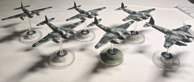 6 Metal British Hand-painted Airplane Miniatures on Plastic Stands |Appears to be painted as a De Havilland Mosquito Squadron | Likely from Blood Red Skies Wargame 2&frac14;" Long 2" Tall