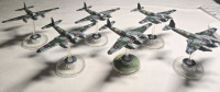 6 Metal British Hand-painted Airplane Miniatures on Plastic Stands |Appears to be painted as a De Havilland Mosquito Squadron | Likely from Blood Red Skies Wargame 2&frac14;" Long 2" Tall