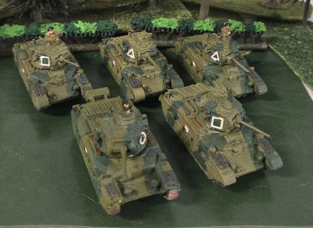 ( 5 ) Pcs | Labled As 1940s British Tank Battalion Includes ( 4 ) Plastic & ( 1 ) Metal Tank Units | Tallest Unit Measures 1.5" Tall * Shrubbery Not Included *