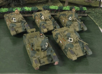 ( 5 ) Pcs | Labled As 1940s British Tank Battalion Includes ( 4 ) Plastic & ( 1 ) Metal Tank Units | Tallest Unit Measures 1.5" Tall * Shrubbery Not Included *