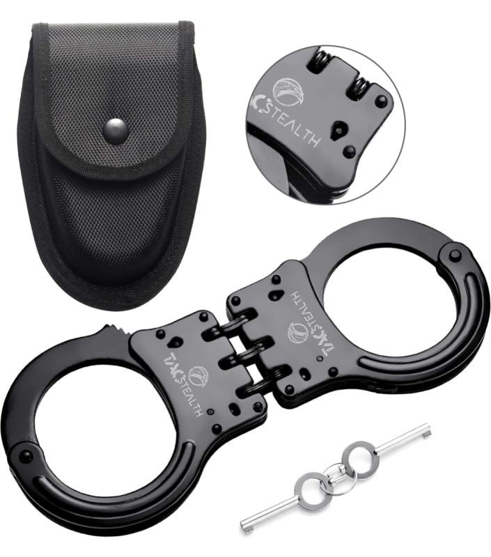 New TacStealth Double Lock Steel Hinged Handcuffs with Two Keys and Case