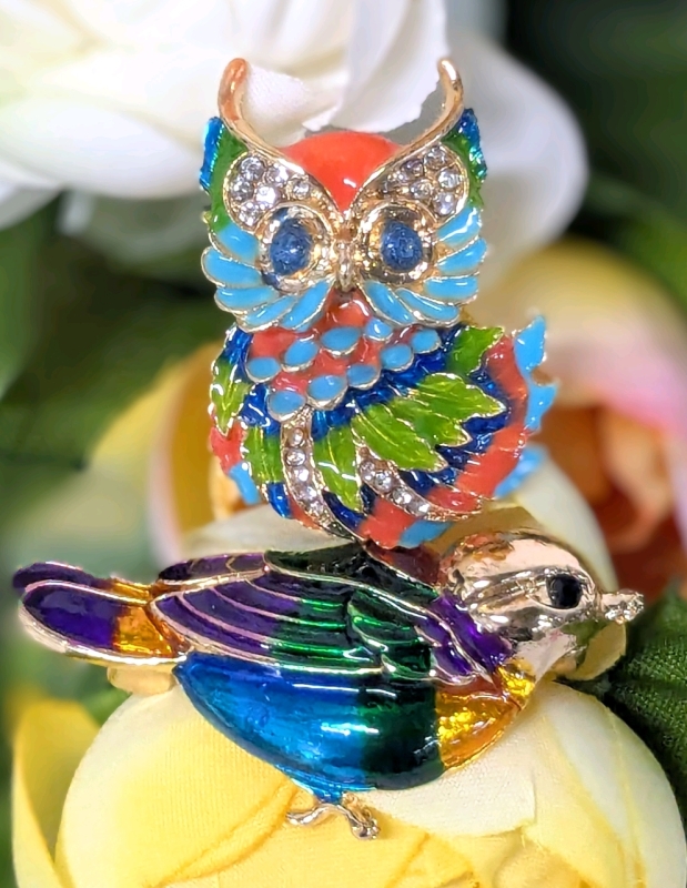 2 Adorable Colorful Gold Tone Enamel Rhinestone Bird Brooches : Sparrow & Owl | Up to 1.4" Long