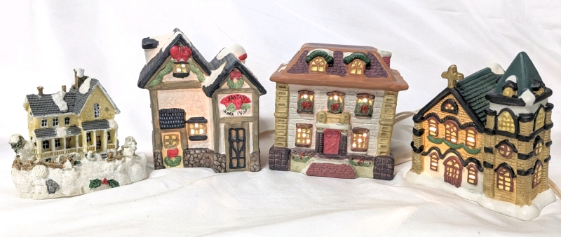 Working Light-Up Ceramic Christmas Village Buildings + Small Resin Glittered Winter Home | Up to 5" Tall