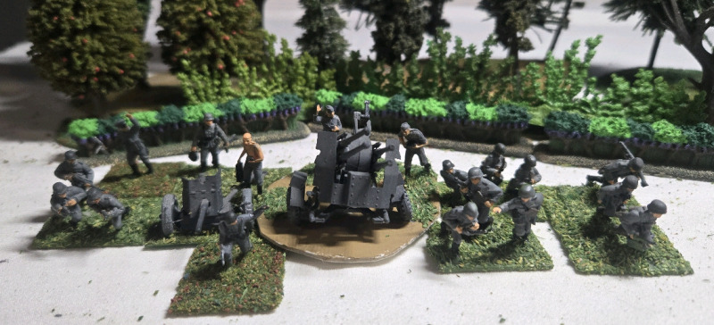 ( 8 ) Flats ( 18 Soilders Total ) Appear To Be Plastic/ Lead German Artillery Battalion | * Tallest Troop Measures 1" * Shrubbery Not Included *