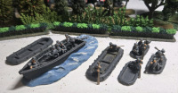 ( 7 ) Appears To Be Metal German Boats W/ Infantry | Largest Measures 5" x 1" * Shrubbery Not Included *