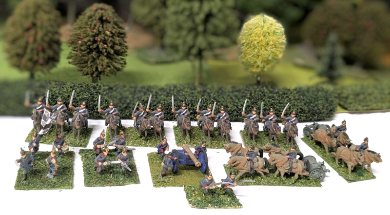 12 Mounted Cavalry, 10 Foot Soldiers, 2 4-Horse Artillery Limbers & 3 Soldiers w Cannon | 20mm Handpainted Cast Metal PRUSSIAN Wargaming Figures on Flocked Bases | Up to 1.15" Tall