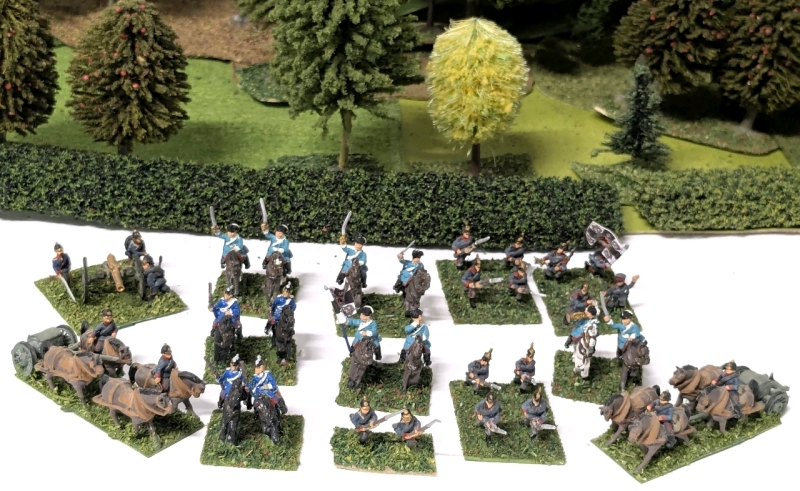 12 Mounted Cavalry, 14 Foot Soldiers, 2 4-Horse Artillery Limbers & 3 Soldiers w Cannon | 20mm Handpainted Cast Metal PRUSSIAN Wargaming Figures on Flocked Bases | Up to 1.15" Tall