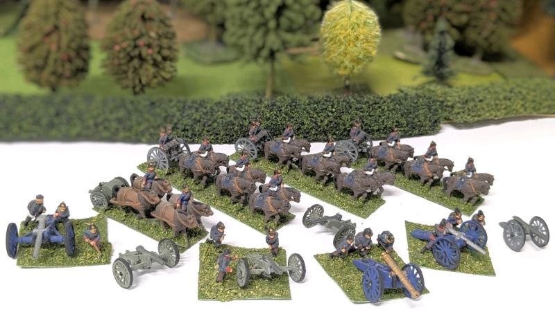 3 Team Limbers (6-Horse), 1 Artillery Limber (4-Horse), & 12 Foot Soldiers (Groups of 3) + 7 Cannons | 20mm Handpainted Cast Metal Wargaming Figures Most on Flocked Bases | Up to 1.15" Tall