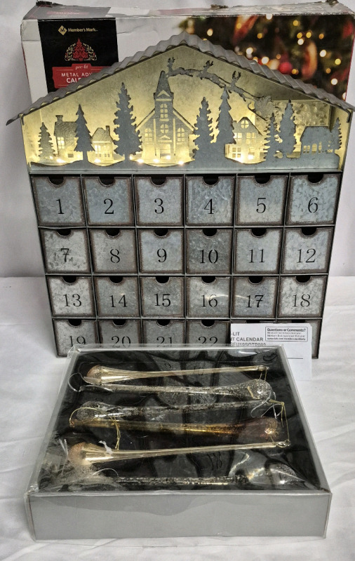 Metal Advent Calendar & Glass Christmas Ornaments