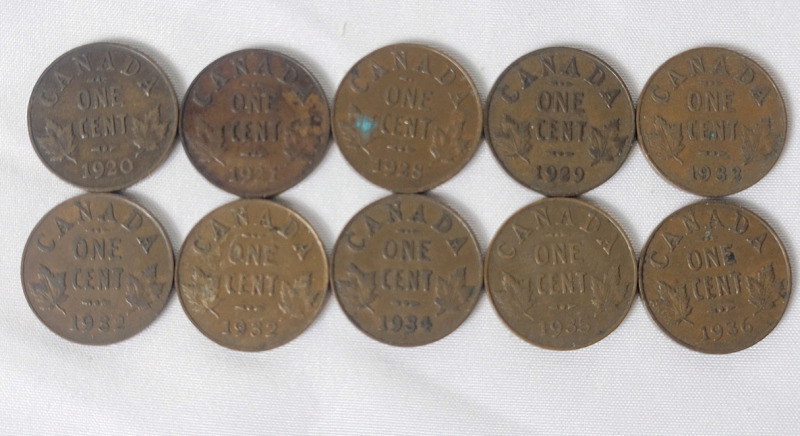 1920 - 1936 Canadian King George V Small One Cent Pennies . 1920 , 1921 , 1928 , 1929 , 1932 ×3 , 1934 , 1935 & 1936 . Ten (10) Coins