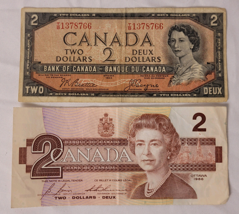 1954 & 1986 Canadian Bank of Canada Two Dollar Bank Notes