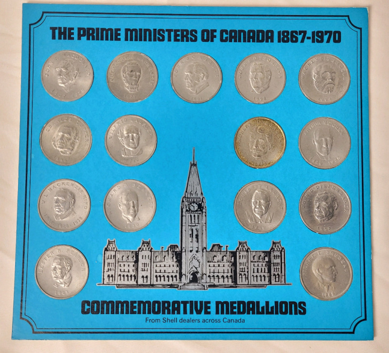 1970 Shell The Prime Minister of Canada 1867 - 1970 Commemorative Medallions . Complete Set