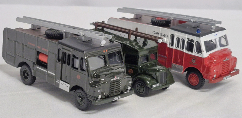 3 Oxford Diecast Fire Trucks - 2 Auxiliary Fire Service Trucks & Foam Tender Truck