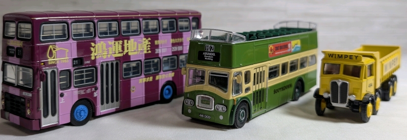 Model Diecast Bus & Truck Lot Containing EFE Wimpey AEC Mammoth Approx. 4.5", Corgi Leyland Queen Mary Approx. 4.5" & CSM Leyland Victory II Hong Kong Bus