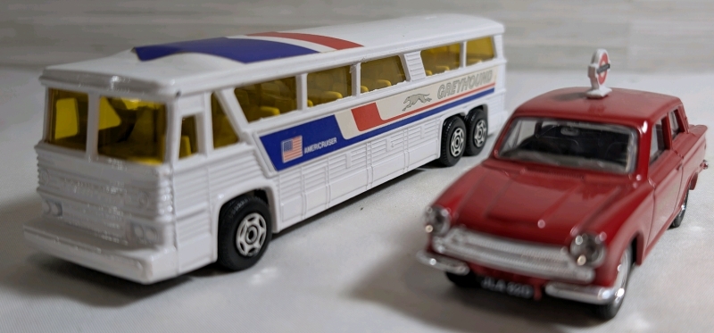 Diecast Lot Of Corgi Lotus Cortina MK1 Approx. 4" & Corgi 1970 British Greyhound Coach Approx. 6.75"